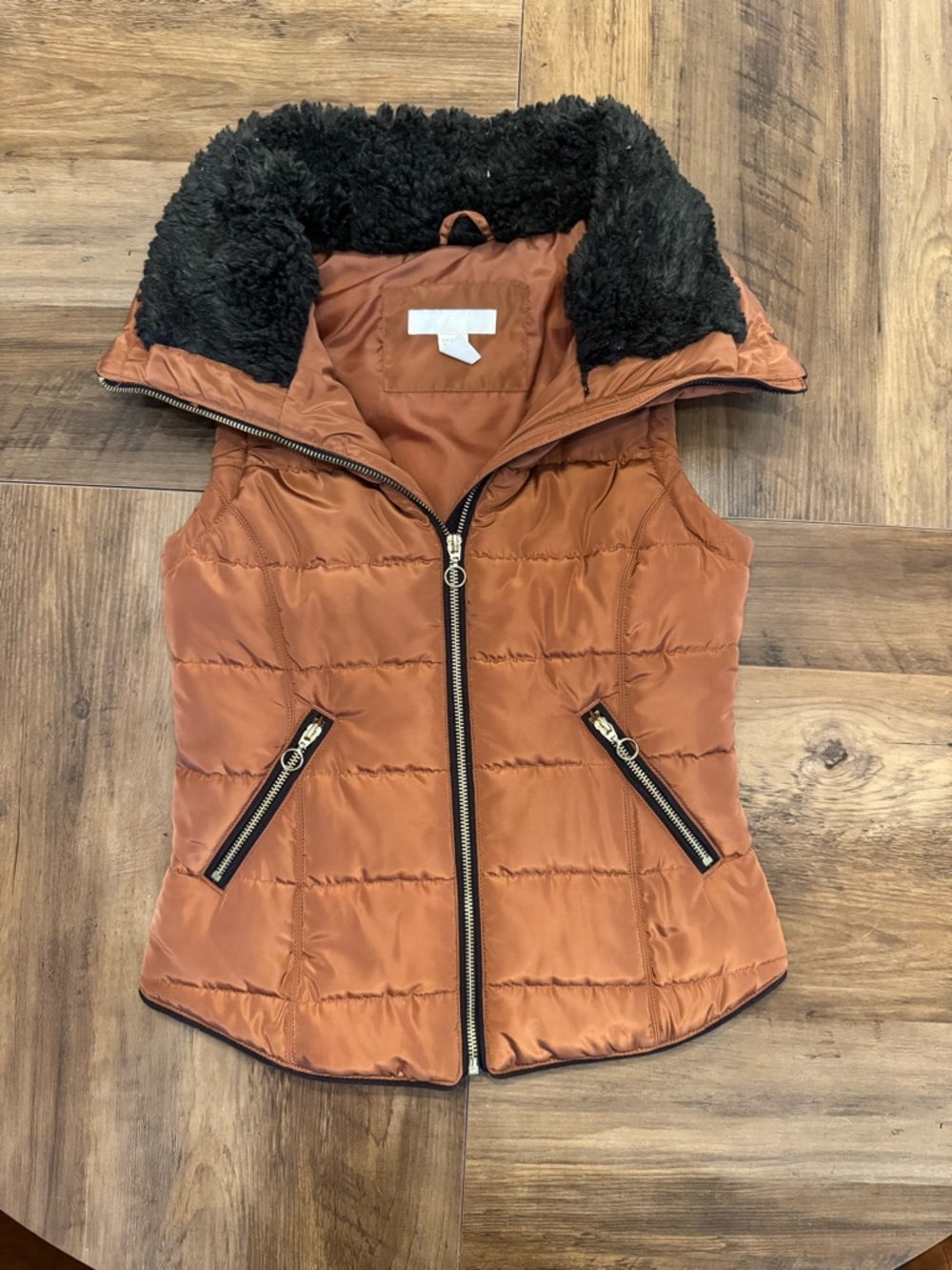 H&M Rust Quilted Puffer Vest with Black Faux Fur Collar